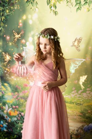 Girl in a pink tulle dress and flower crown with fairy wings holds a glowing perfume bottle in an enchanted garden with glowing fairies.