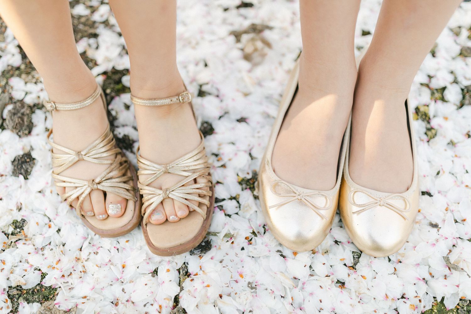Two girls wearing gold shoes, one in strappy sandals and one in bow ballet flats, standing on white flower petals.