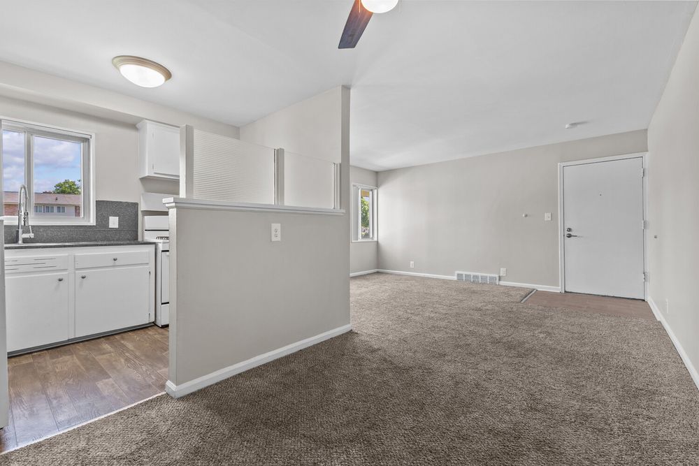 Open-concept living area with carpet flooring, white kitchen cabinets, ceiling fan, and neutral gray walls in a bright home.