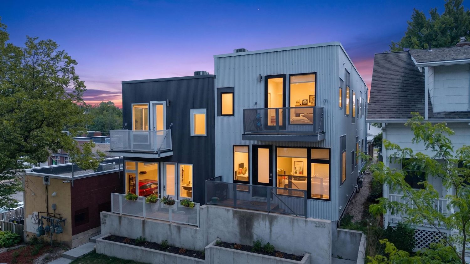 Twilight exterior photo of a modern home in Wisconsin