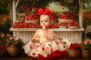 A baby in a strawberry-themed dress poses with baskets of fresh red strawberries against a rustic backdrop.