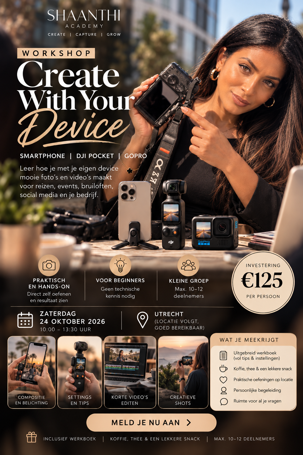 Workshop flyer for Create With Your Device by Shaanthi Academy, featuring a woman holding a camera, scheduled October 24, 2026.