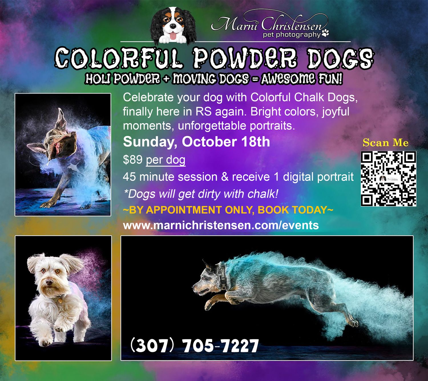 Colorful Powder Dogs event flyer by Marni Christensen Pet Photography with vibrant chalk-dusted dog portraits, date, price, and QR code.