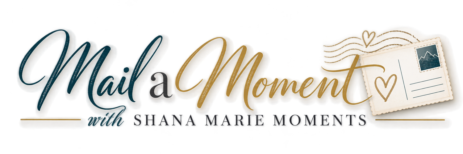 Mail a Moment with Shana Marie Moments logo featuring elegant script typography and a decorative postcard envelope illustration.