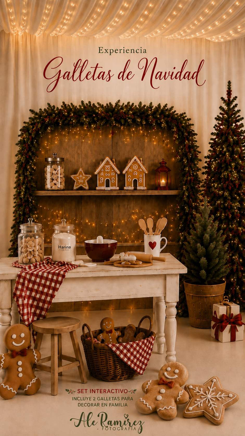Festive Christmas cookie decorating set with gingerbread men, holiday trees, and rustic wooden table for a Galletas de Navidad experience.