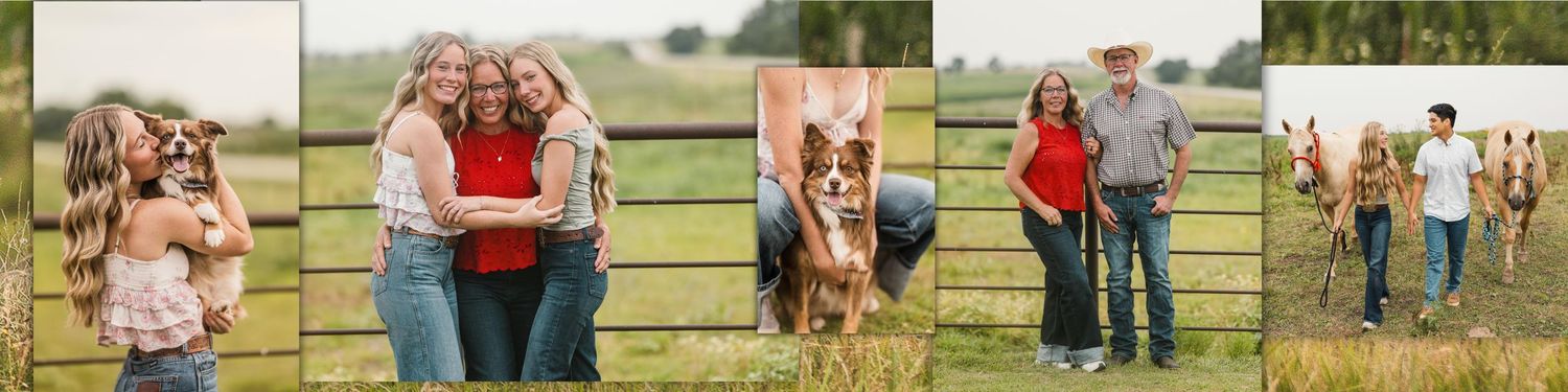 Collage of family portraits in a green pasture showing a woman taking photos, a family posing together, a dog, a couple, and kids walking.