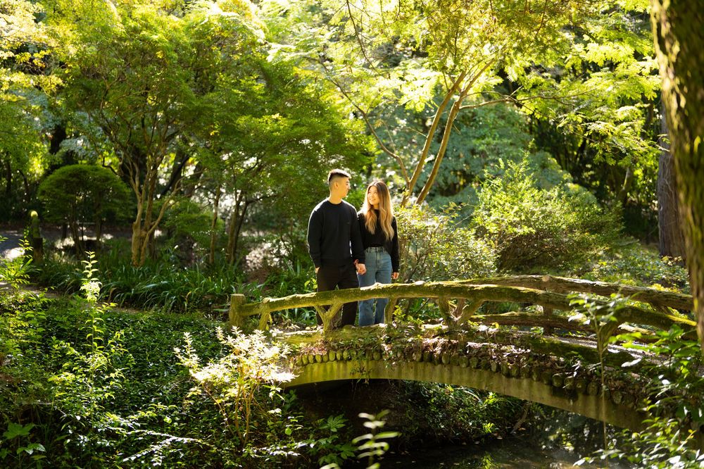 Couple standing together on a rustic wooden arched bridge surrounded by lush green trees in a sunlit garden.
