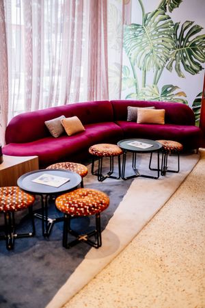 Curved burgundy velvet sofa with cushions, two round black tables and patterned stools in a lounge with tropical leaf wallpaper.