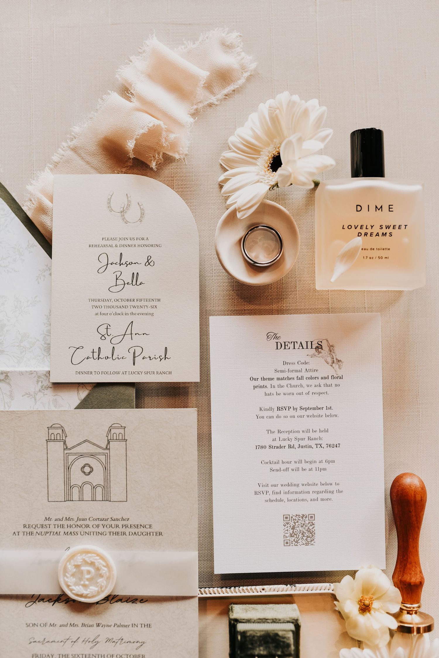 Romantic bridal flat lay featuring elegant wedding day details