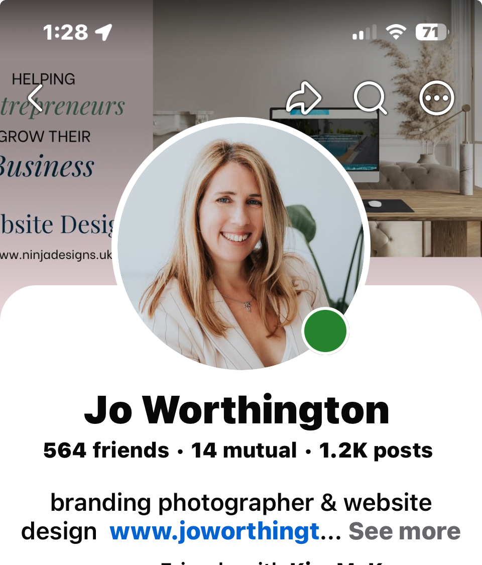 Jo Worthington's Facebook profile showing branding photographer and website designer with 564 friends and 1.2K posts.