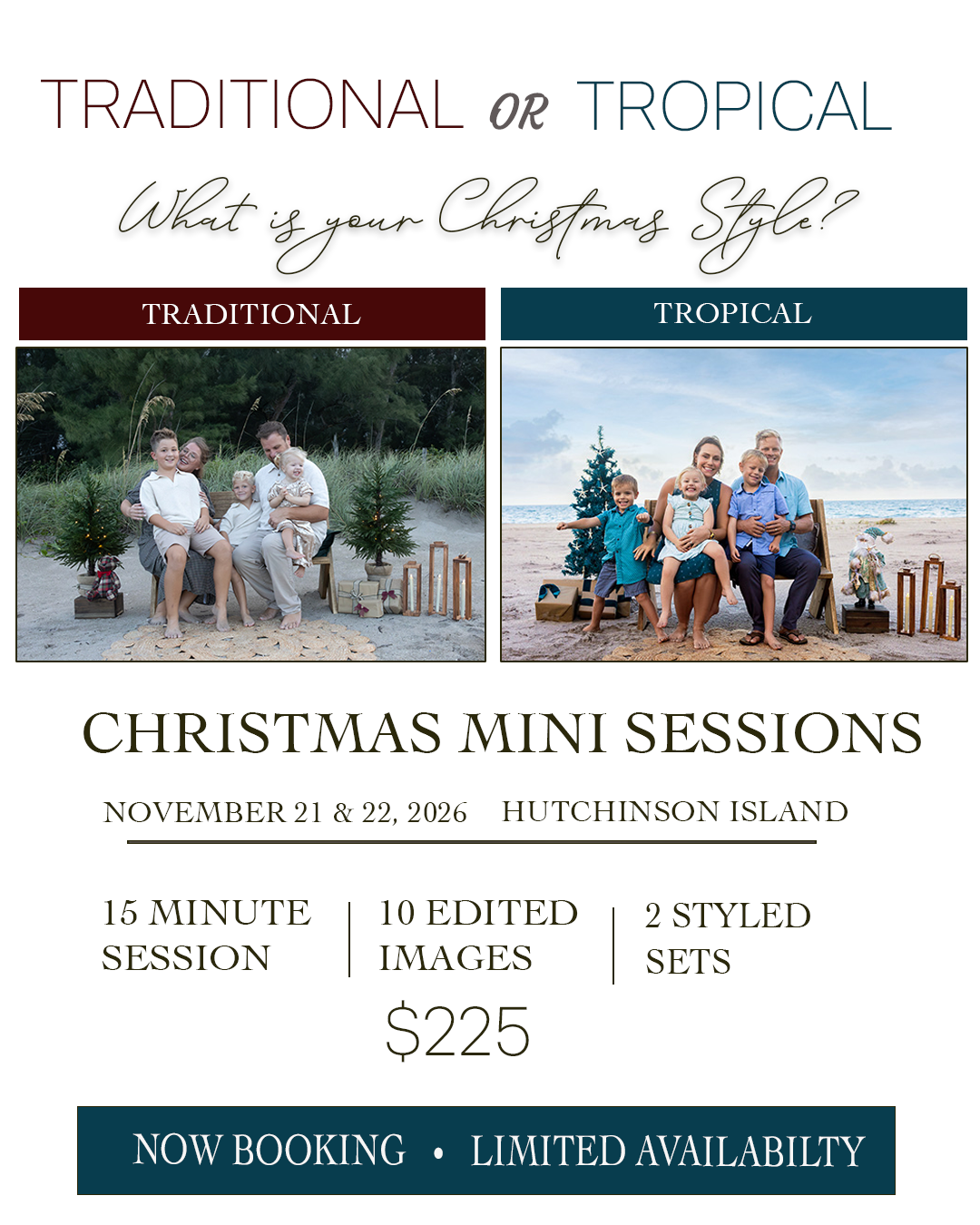 Christmas mini sessions flyer for Hutchinson Island offering traditional and tropical beach family photo styles, 10 edited images for $225.