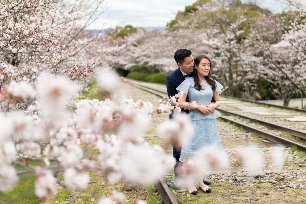 Couple embracing on railway tracks surrounded by blooming pink cherry blossom trees during a spring engagement photoshoot.