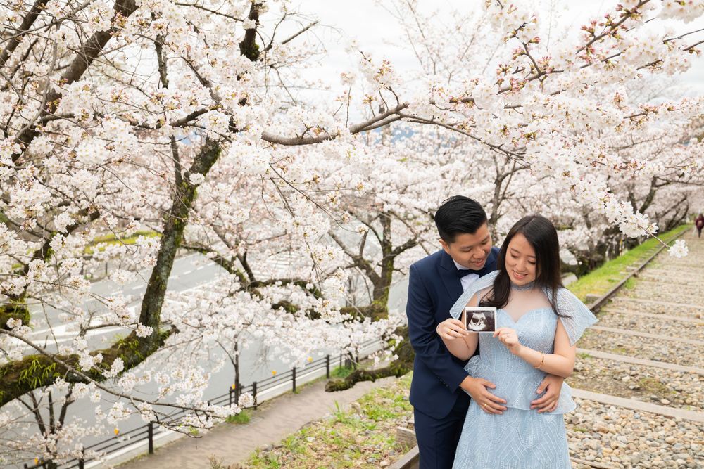 Expecting couple embraces under blooming cherry blossom trees along a stone path, holding an ultrasound photo of their baby.