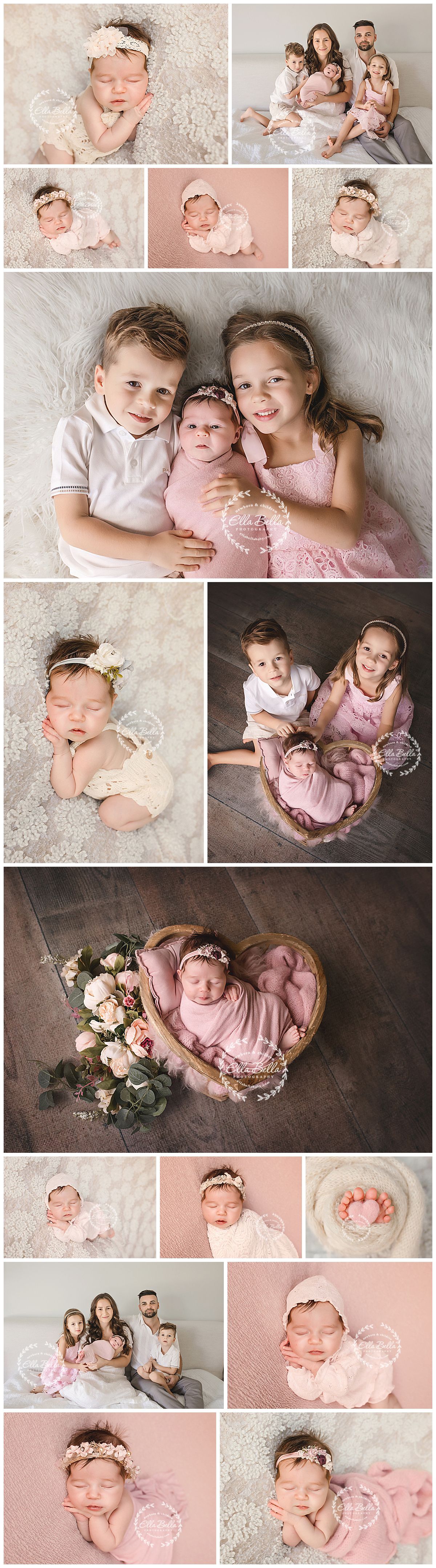 Newborn photography collage featuring a baby girl in pink with siblings, parents, and heart-shaped basket with floral accents.