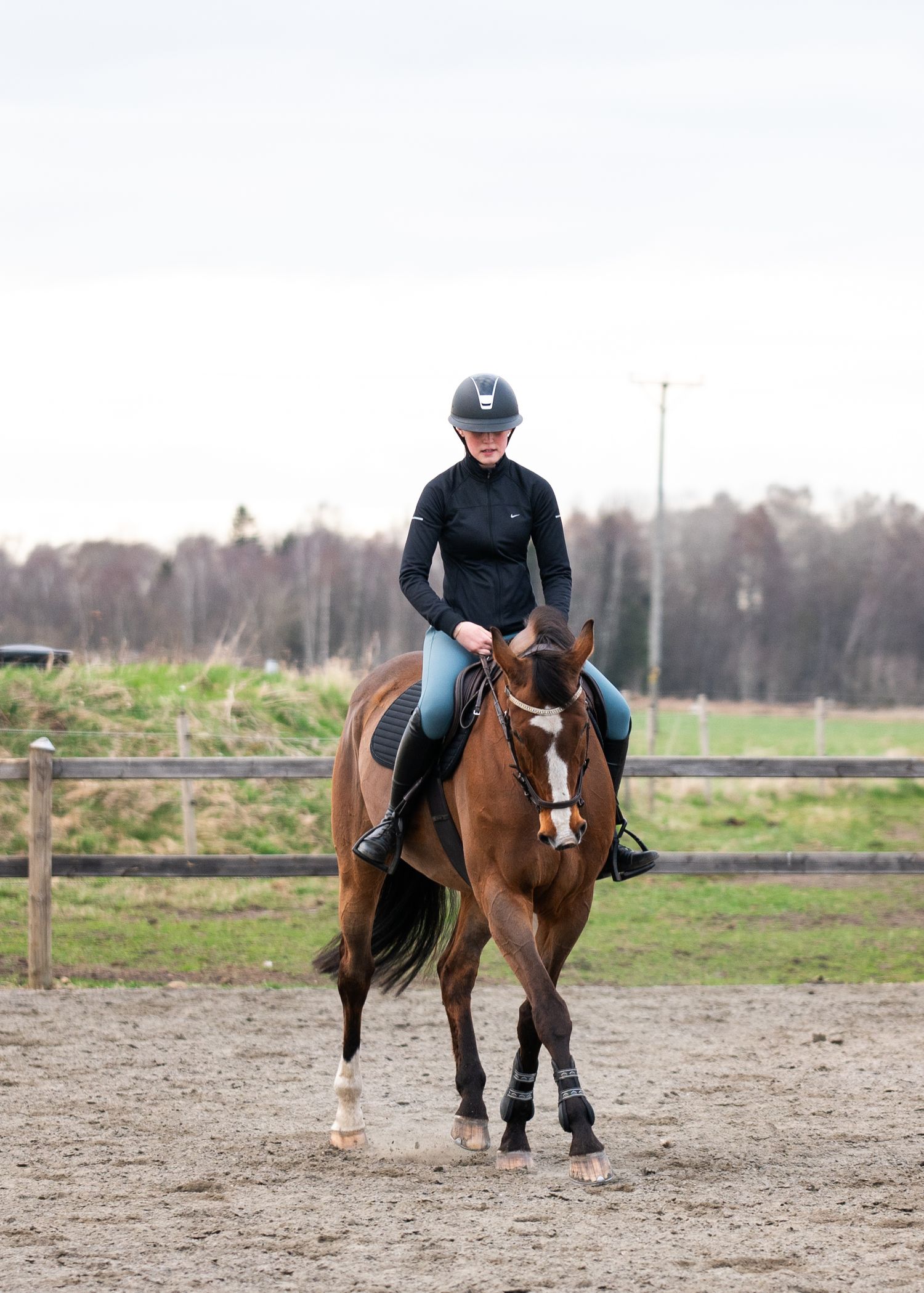 Kvinnlig ryttare i svart klädsel rider en fuxfärgad häst på en utomhusridbana.
