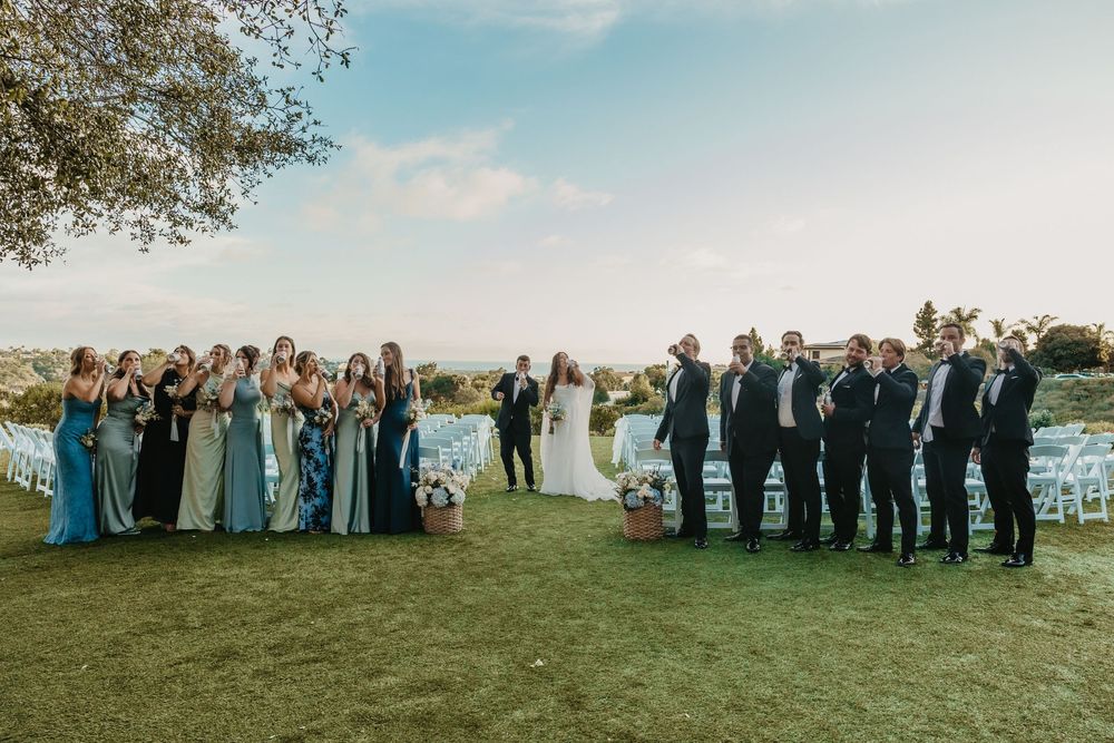 Wedding party poses outdoors on lush green lawn with bridesmaids in blue gowns and groomsmen in black tuxedos.