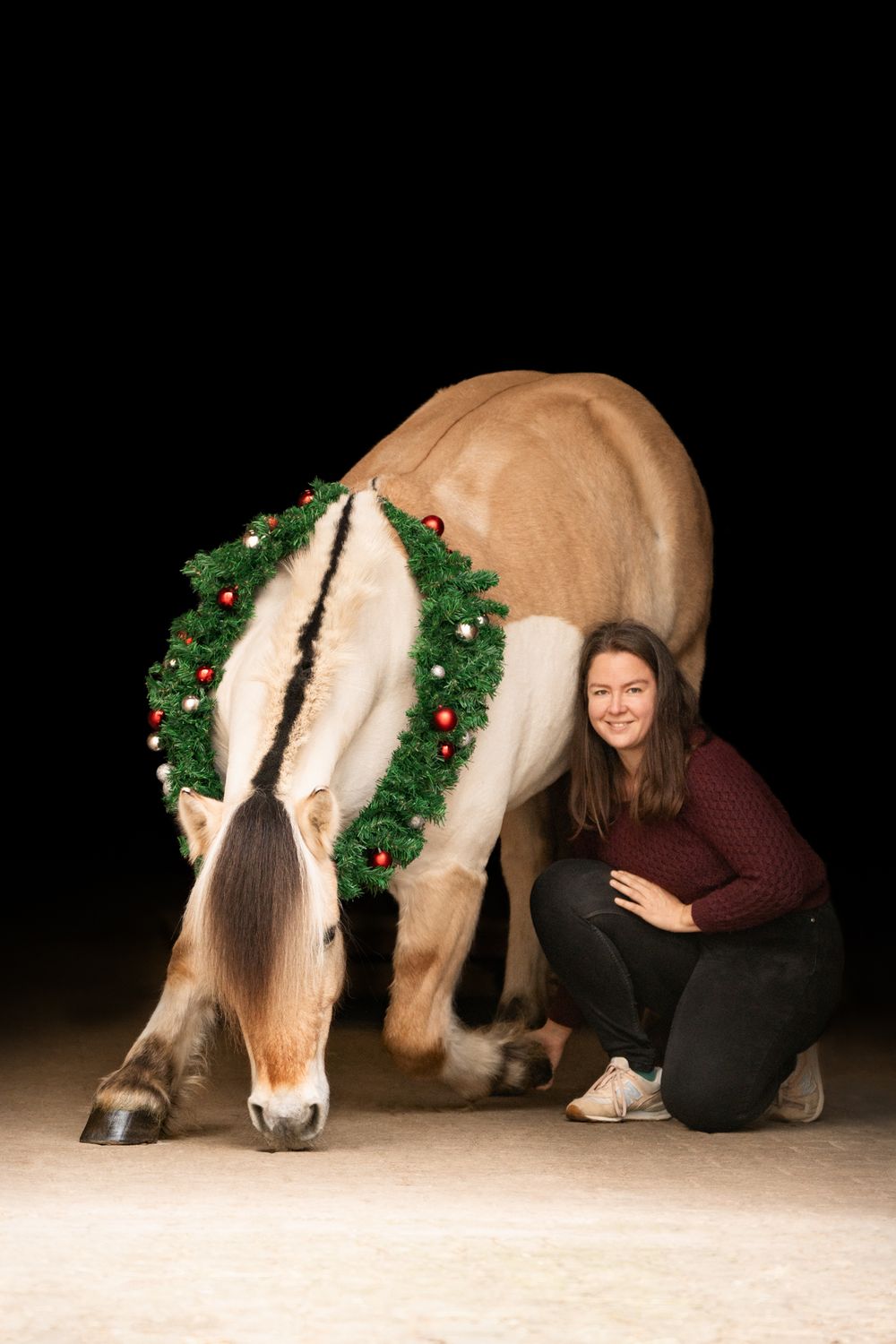 Young woman kneeling beside a Norwegian Fjord horse wearing a festive Christmas wreath on its neck.