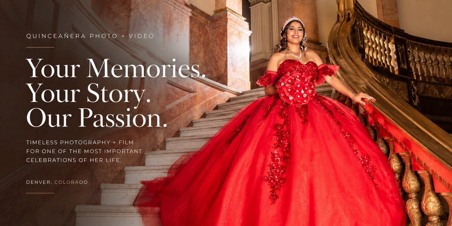 Quinceañera girl in stunning red ball gown poses on elegant staircase for professional photography session.