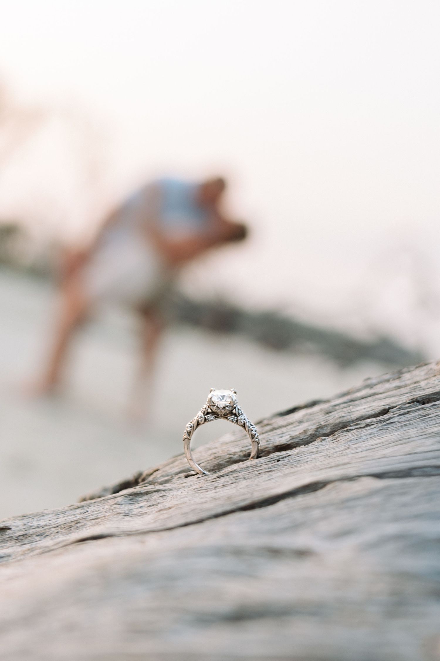 Close up ring shot of sea driftwood on a beach engagement portrait session with Lindy Rebro Photography