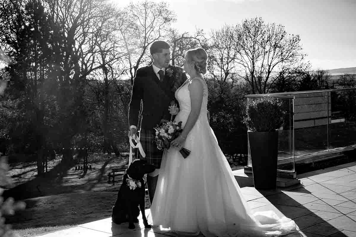 Black and white wedding photo of bride and groom with dog on the terrace at Hetland Hall wedding venue