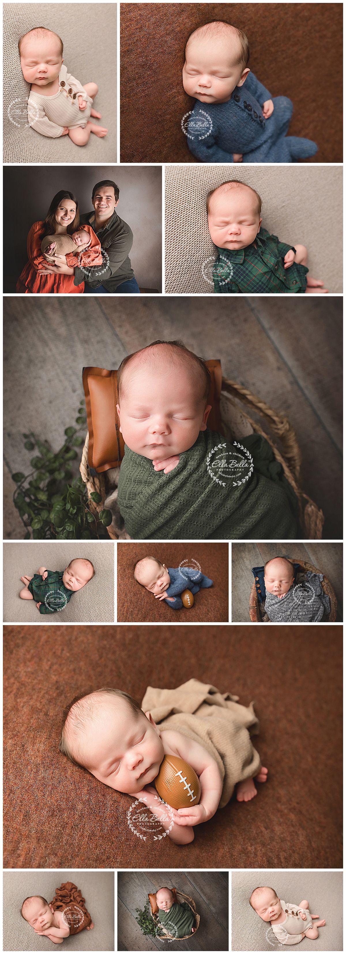 Newborn baby boy photography collage featuring family portraits and infant posed with football props in green and blue wraps.