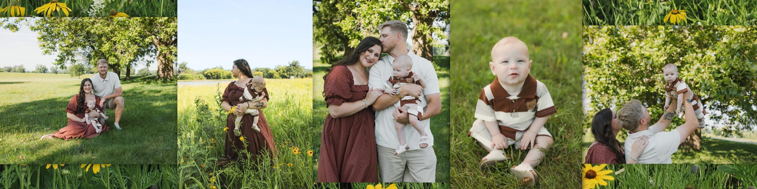 A family poses in a sunny green field with wildflowers, featuring a mother, father, and baby in warm earthy tones.