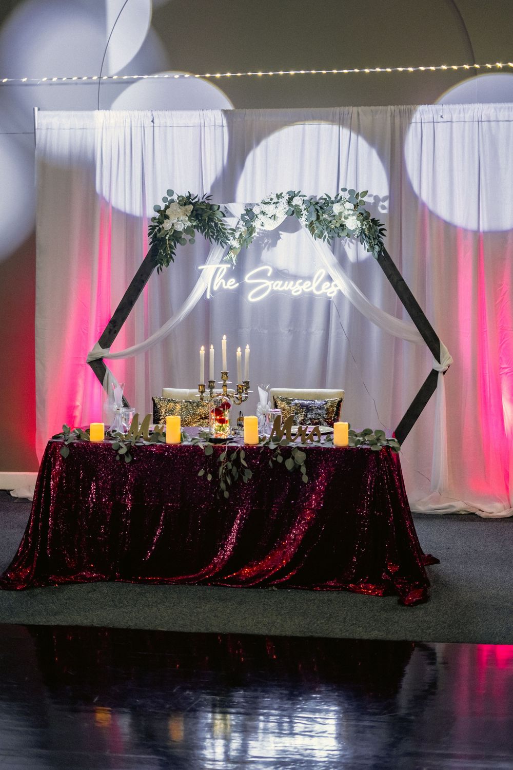 Channel Side Club in Palm Coast Florida. Wedding photography of fun wedding reception. Reception decor and couple's table.