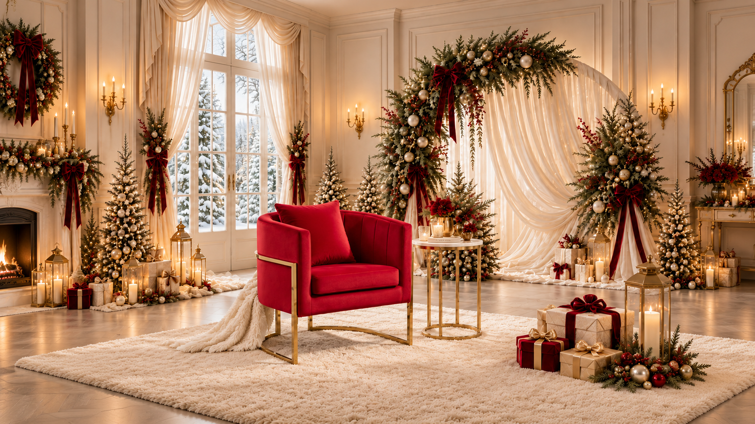 Elegant Christmas living room with red velvet chair, decorated trees, candles, gifts, and festive garland decor.