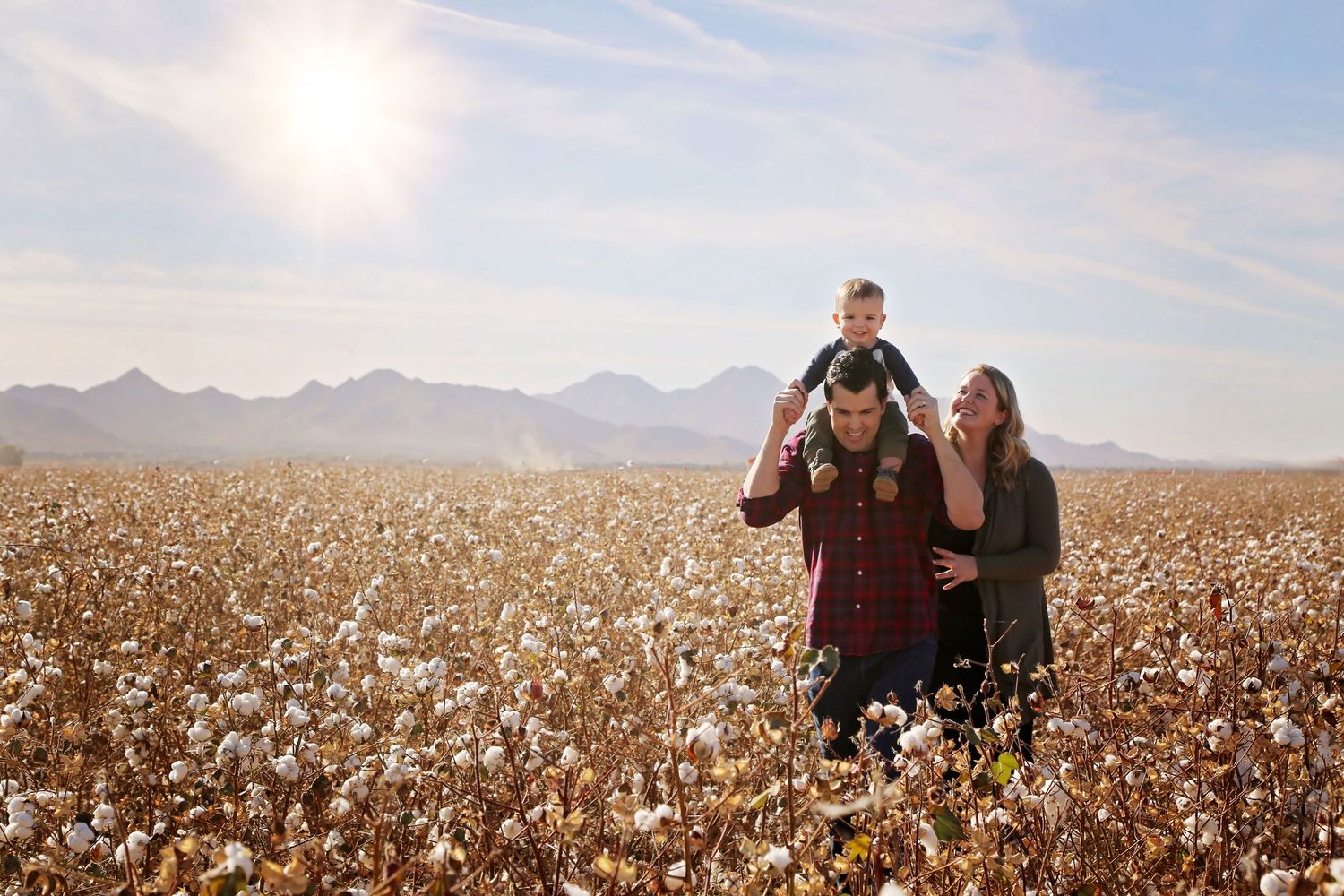 A father carries his young son on his shoulders beside his wife in a cotton field with mountains and a bright sun behind.