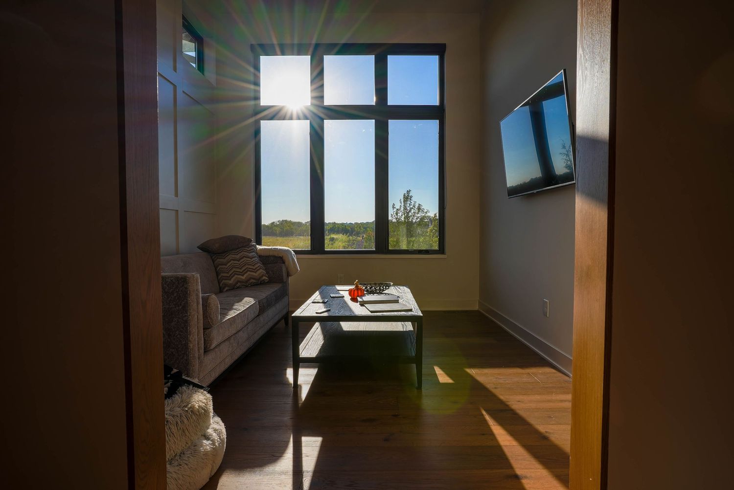 Sunlit modern living room with gray sofa, coffee table, wall-mounted TV, and large windows overlooking a scenic view.