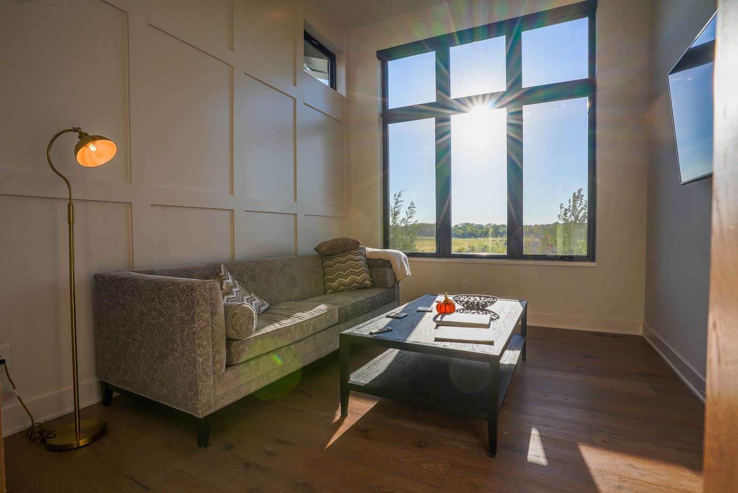 Modern living room with gray sofa, coffee table, hardwood floors, and large windows with sunny outdoor views.