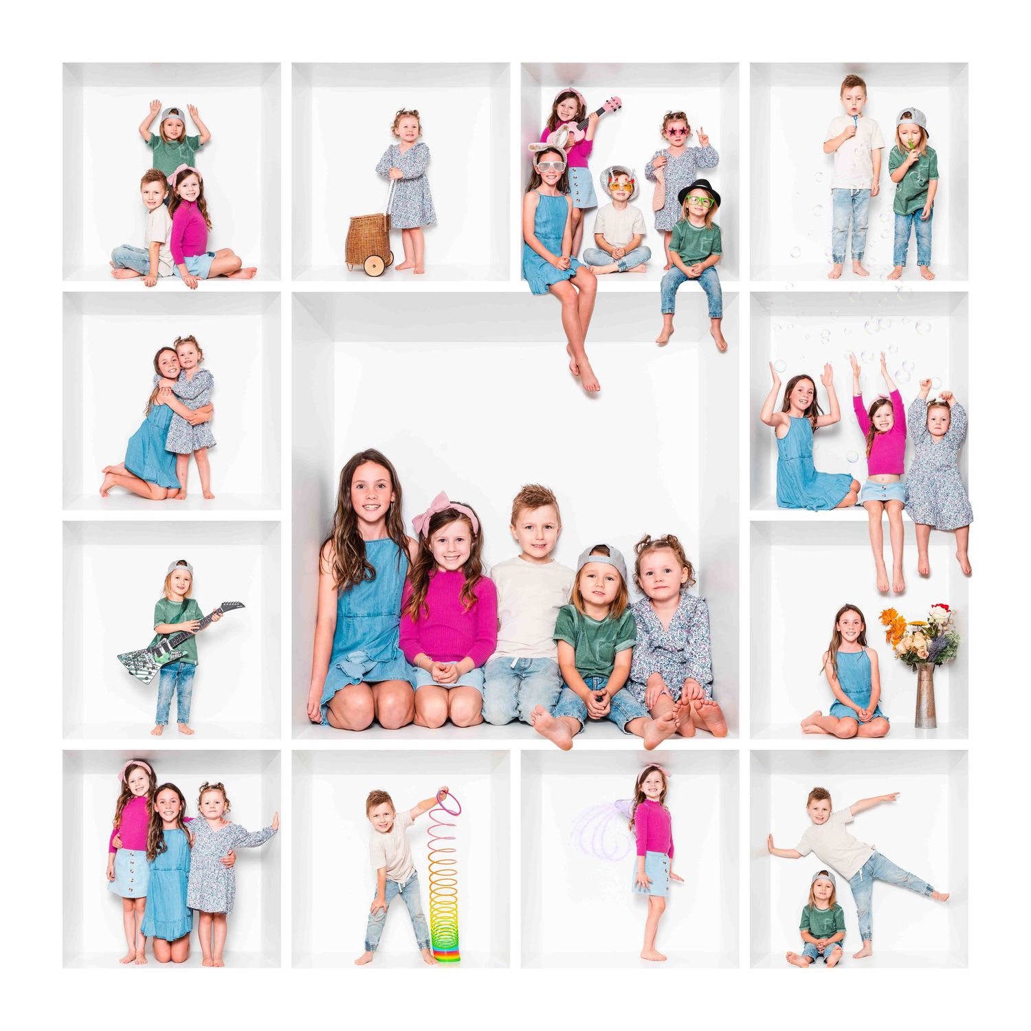 5 children posing inside a white box wearing colourful clothes. The image is a collage of 13 boxes, in the box photography