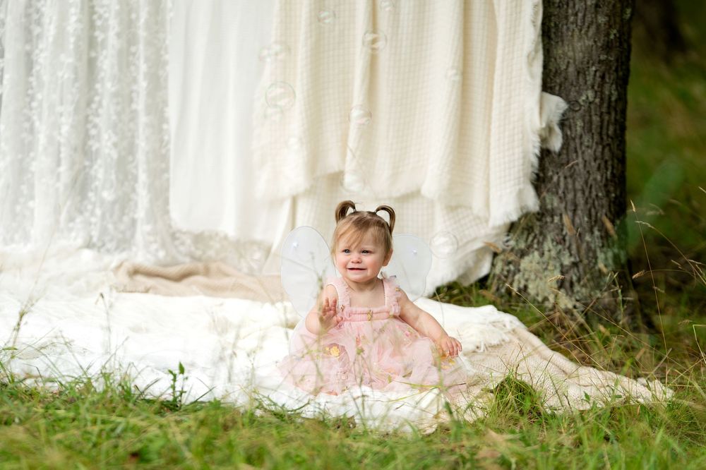 Smiling toddler girl in pink dress with fairy wings sitting outdoors near a tree with lace fabric backdrop.
