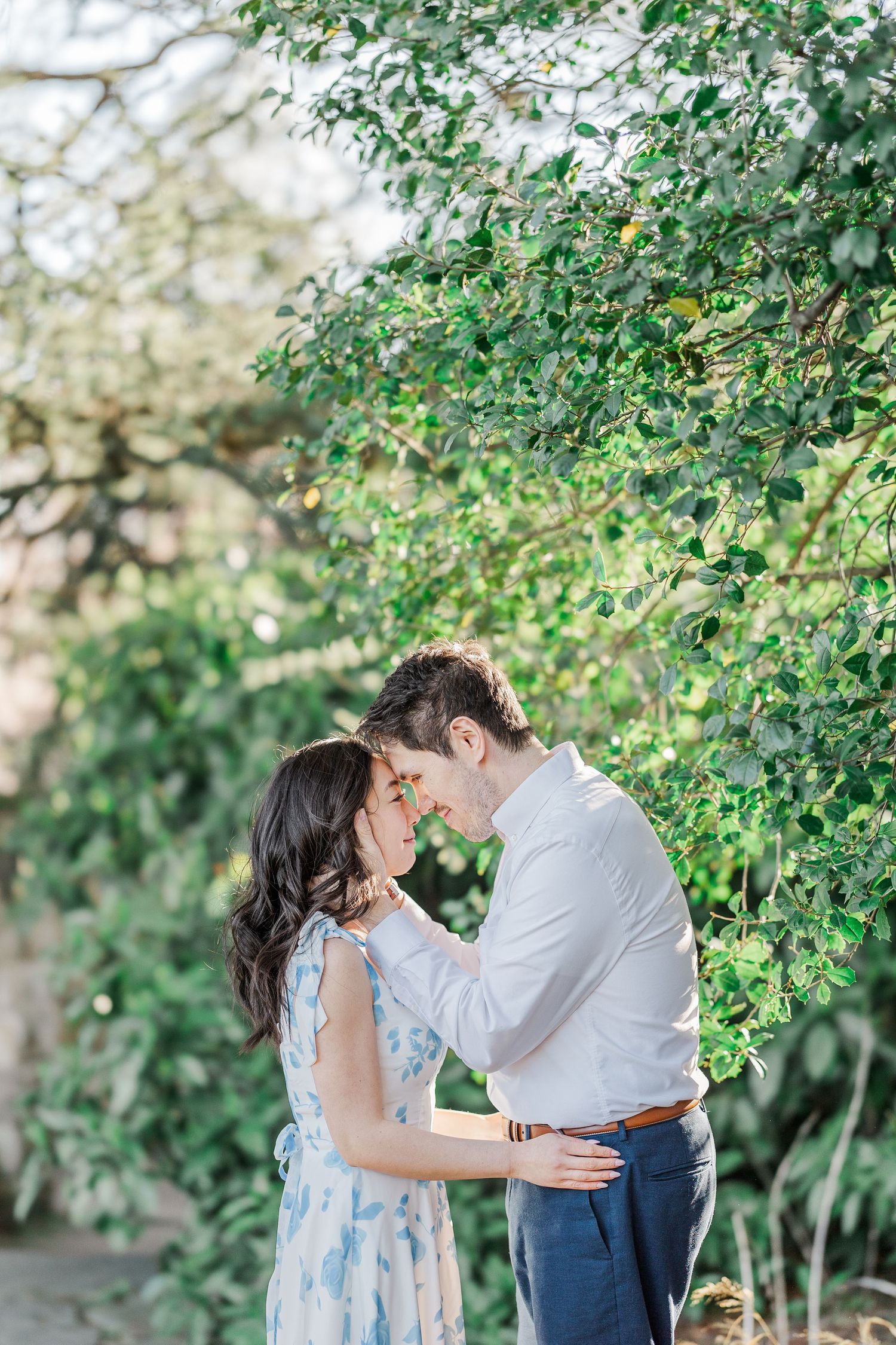 A couple shares a romantic forehead touch moment surrounded by lush green trees in a sunlit garden.