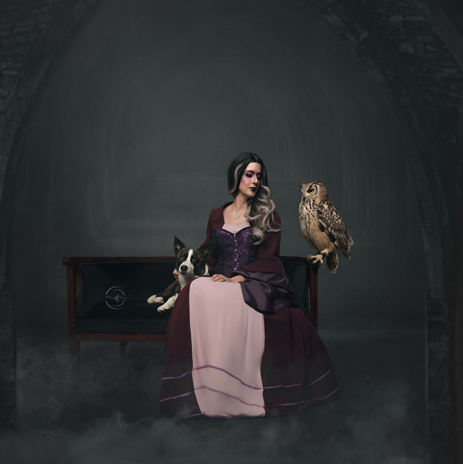 A gothic woman in a purple gown sits with an owl on her arm and a dog beside her in a misty, dark setting.