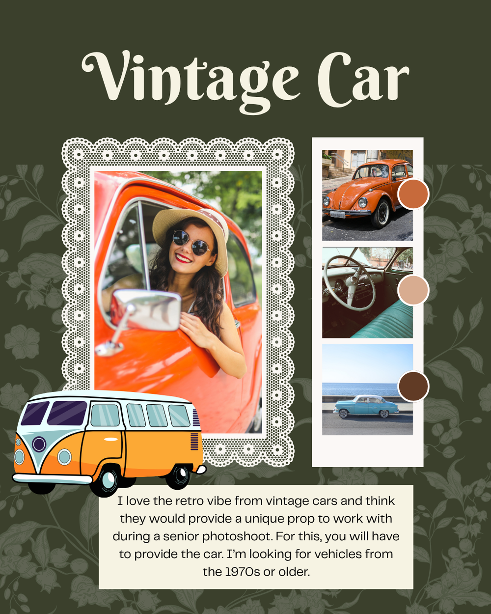 Madison Wisconsin Professional Photographer Model Call for Seniors vintage car retro vibes theme convertible 1970s van driving roadtrip vibe