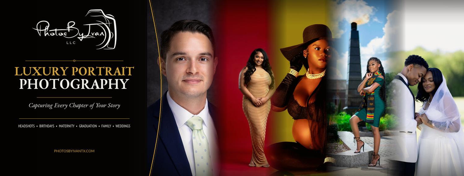 Luxury portrait photography studio banner featuring elegant couples, maternity, and graduation portraits by Photos By Ivan LLC.