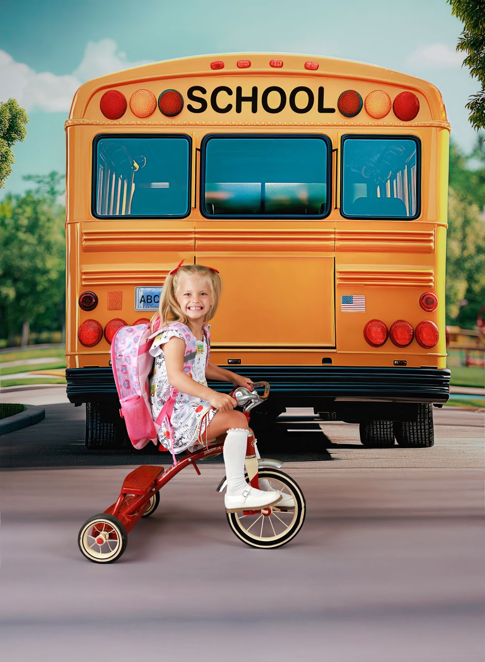 Young girl on red tricycle with pink backpack smiling in front of yellow school bus on sunny day.