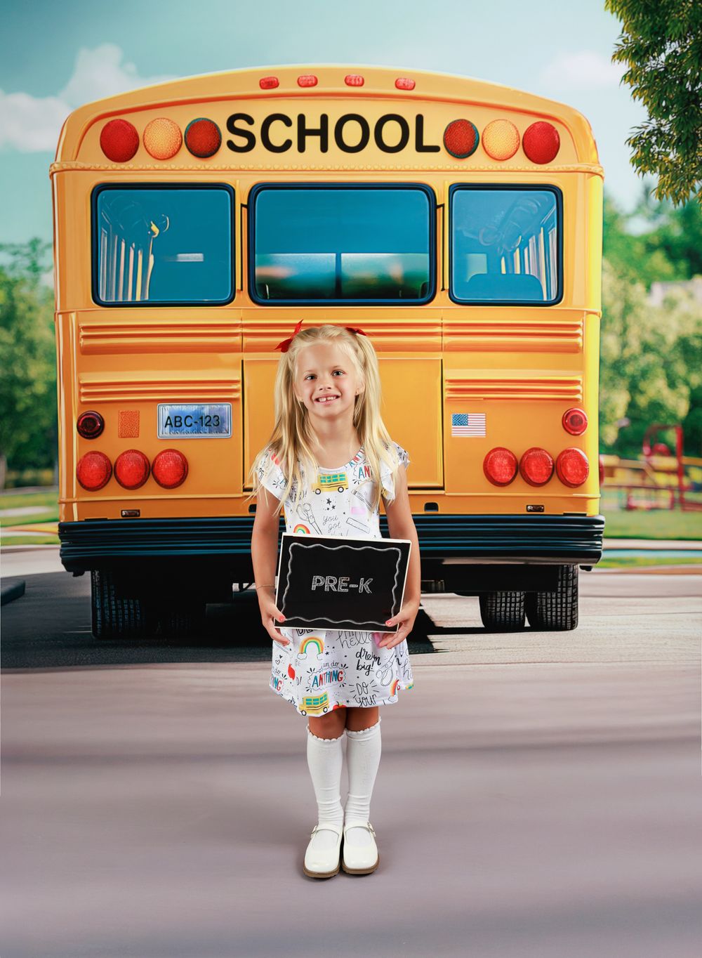 Young girl in white dress holds Pre-K sign in front of yellow school bus on her first day of school.