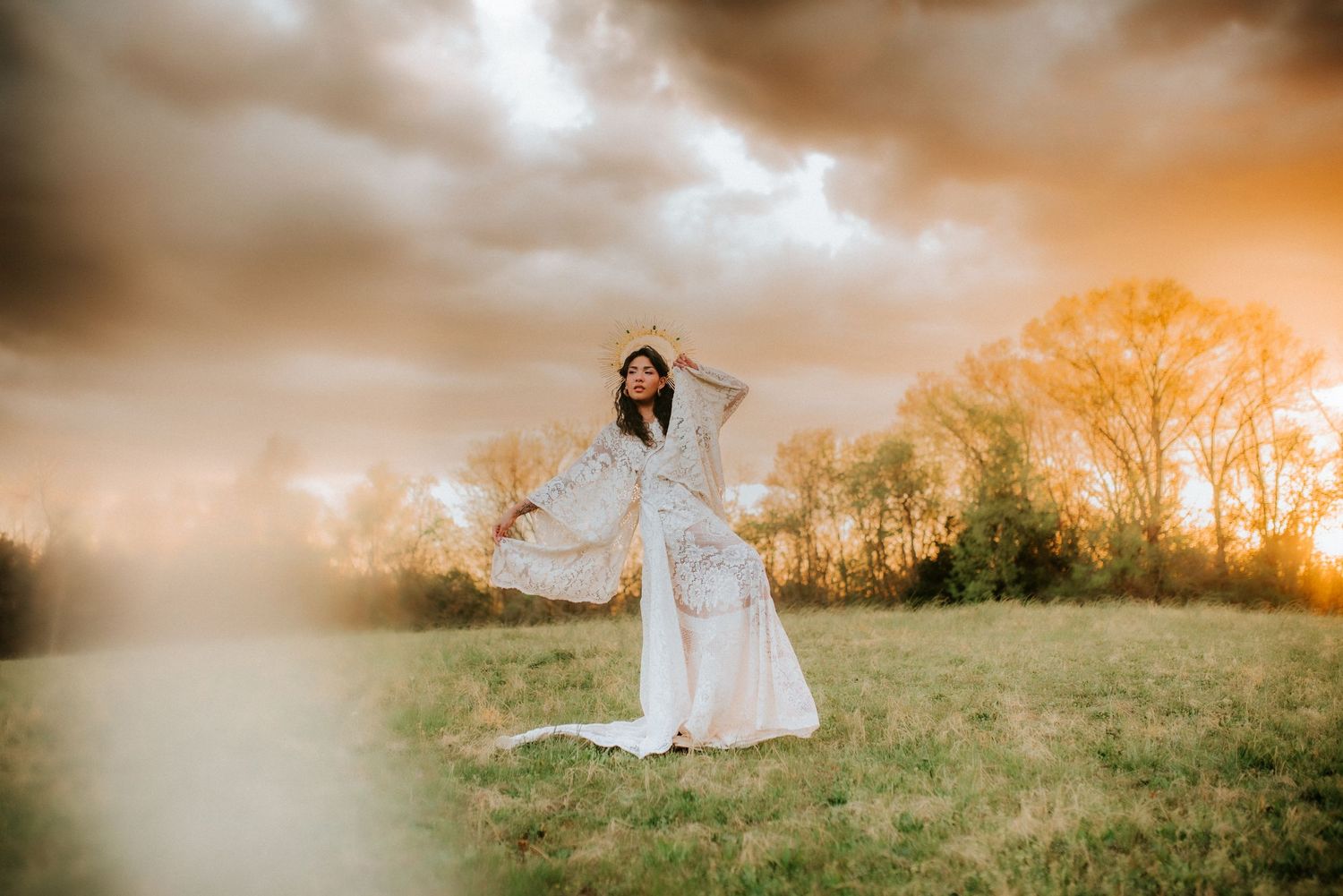 Golden hour, sunset, birthday creative session, Woman in vintage lace dress with a crown, Clarksville Tennessee, Portrait Photographer