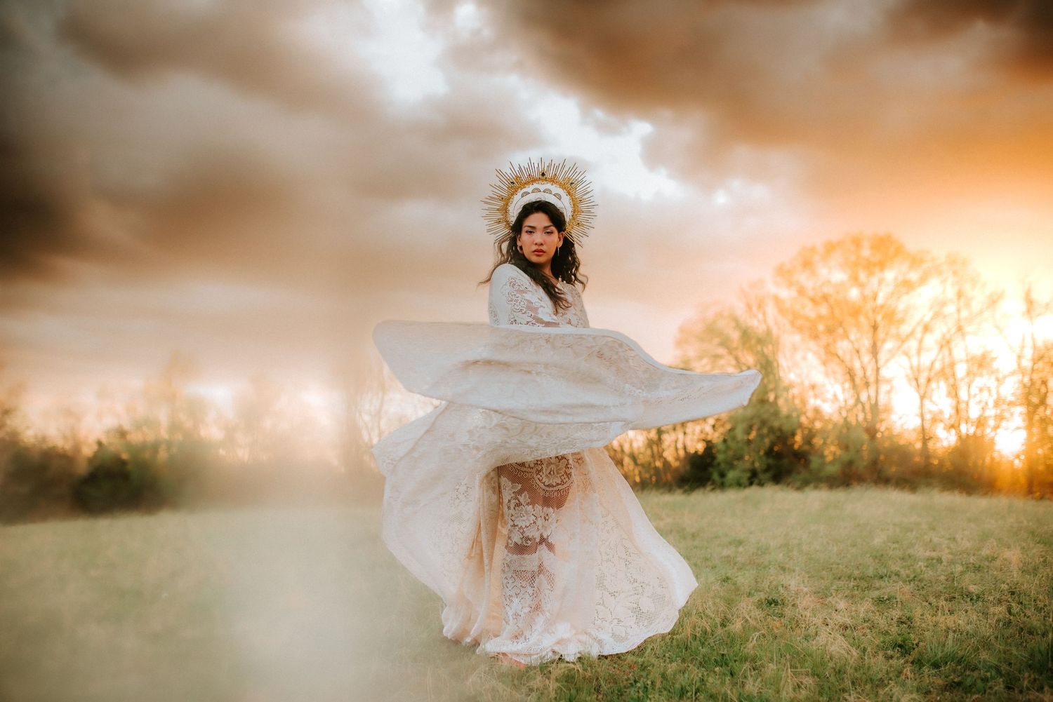 Woman in vintage lace dress with crown tosses her dress, creative session, golden hour, Fort Campbell photographer, Open field, Sunset