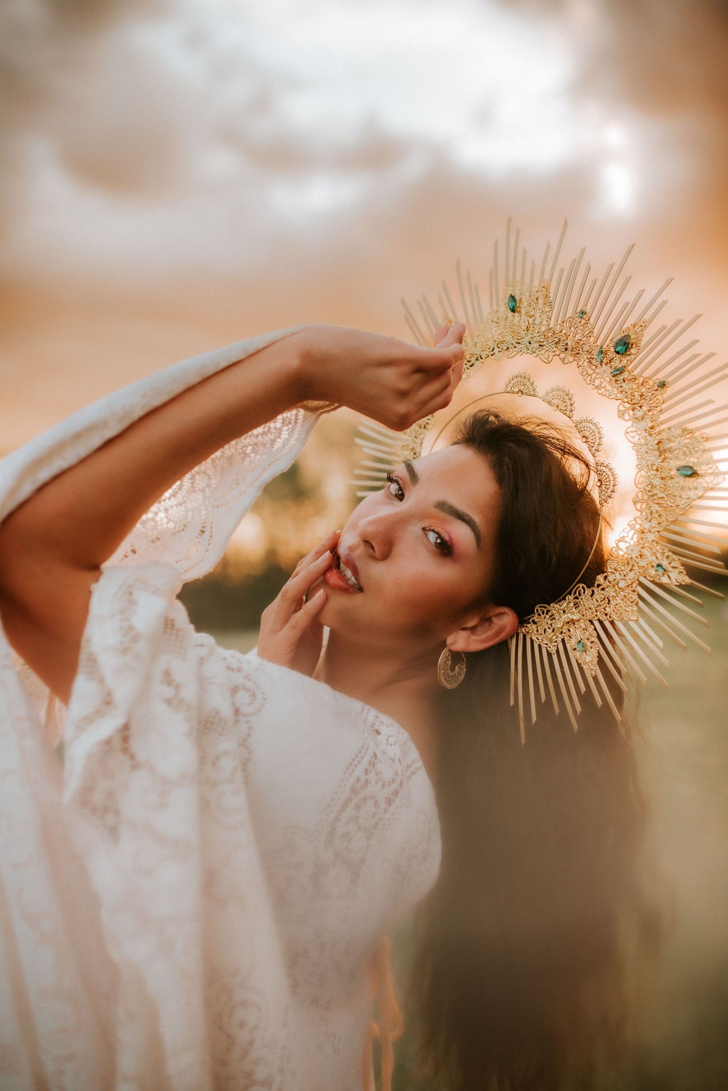 Birthday Portrait of a woman in vintage lace dress from client closet, golden hour, Fort Campbell, Portrait Photographer, Golden Crown