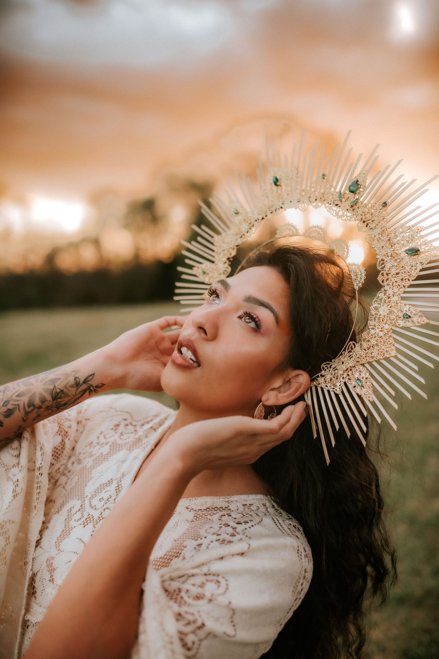Woman in vintage lace dress frames her face with her hands as she stares into the sky, Clarksville Tennessee, Creative session, birthday