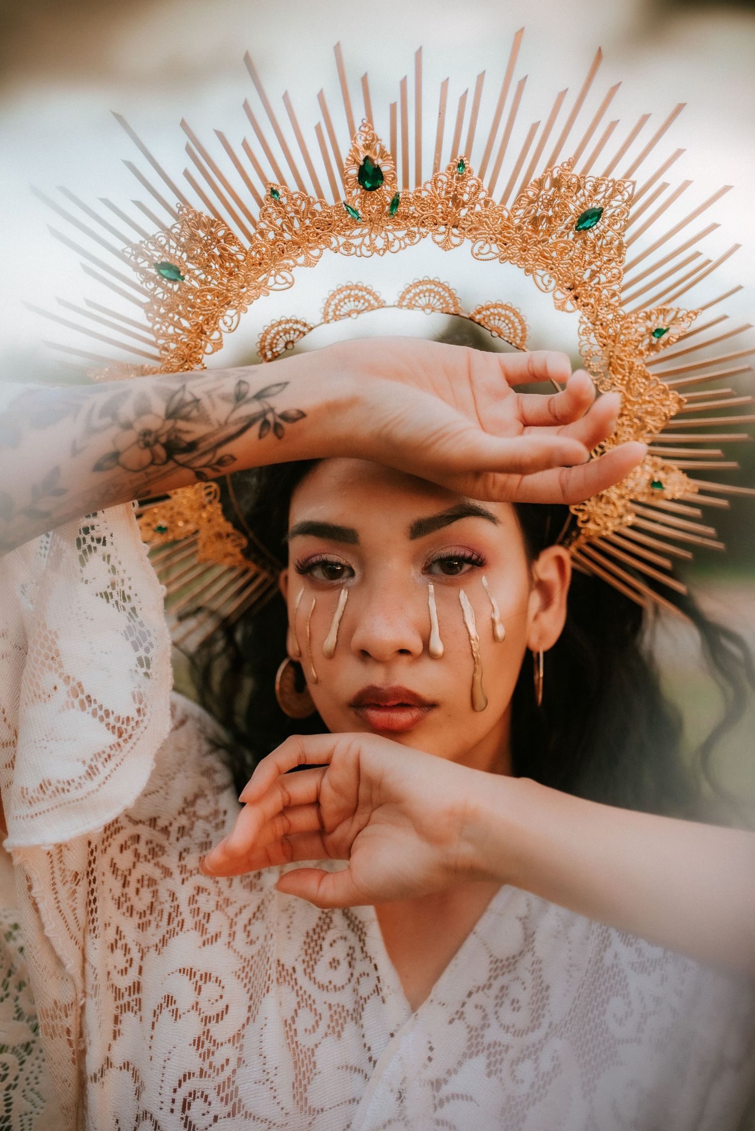 Creative Birthday Portrait, Woman with crown and gold tears with hands surrounding face, Clarksville Tennessee, Portrait Photographer