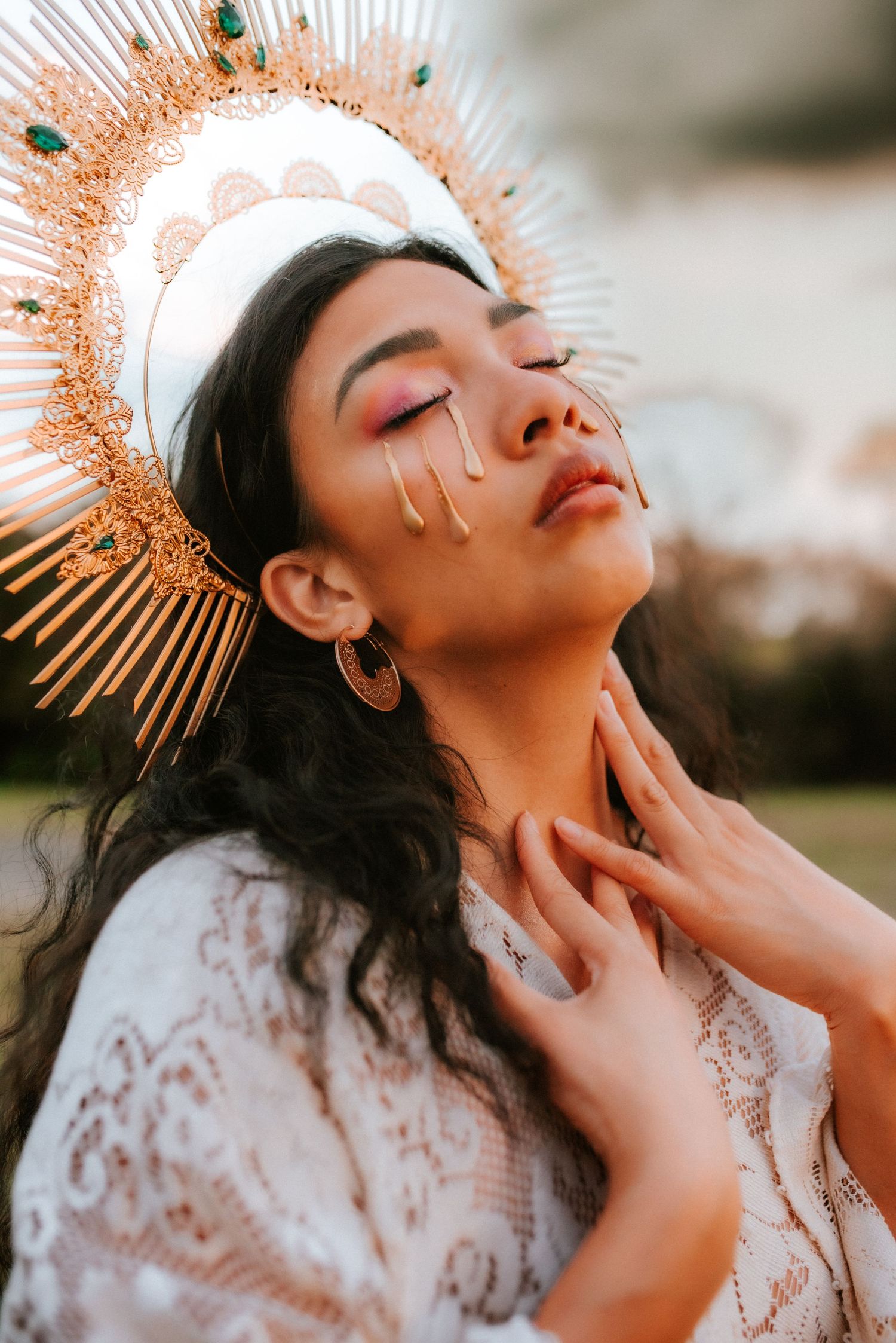 Woman in crown and gold tears runs hands down her neck, Creative birthday session, Fort Campbell Photographer, Golden Hour