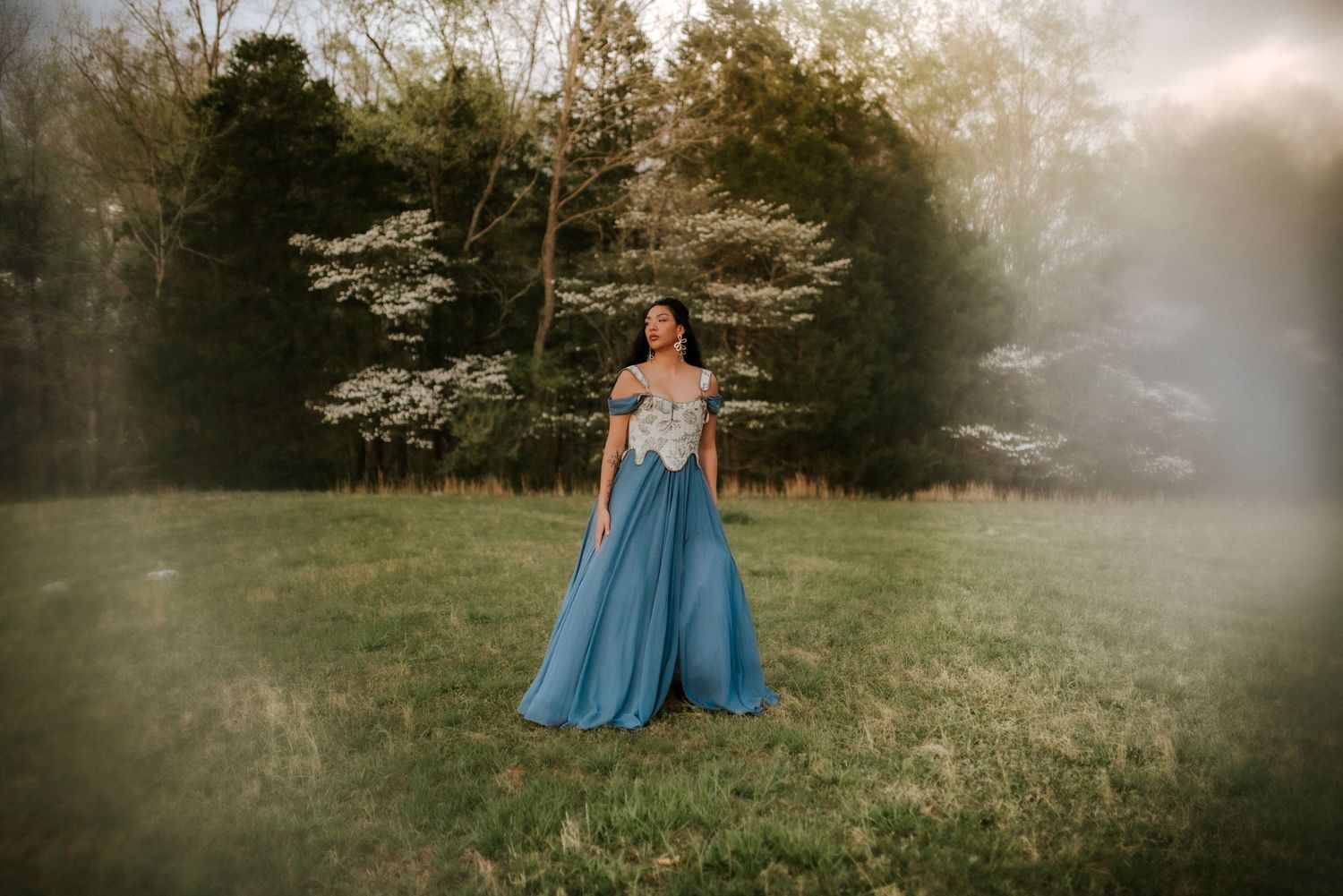 Birthday Portrait of woman, Trees with flowers, golden hour, blue dress, whimsy, clarksville, Nashville, Tennessee.