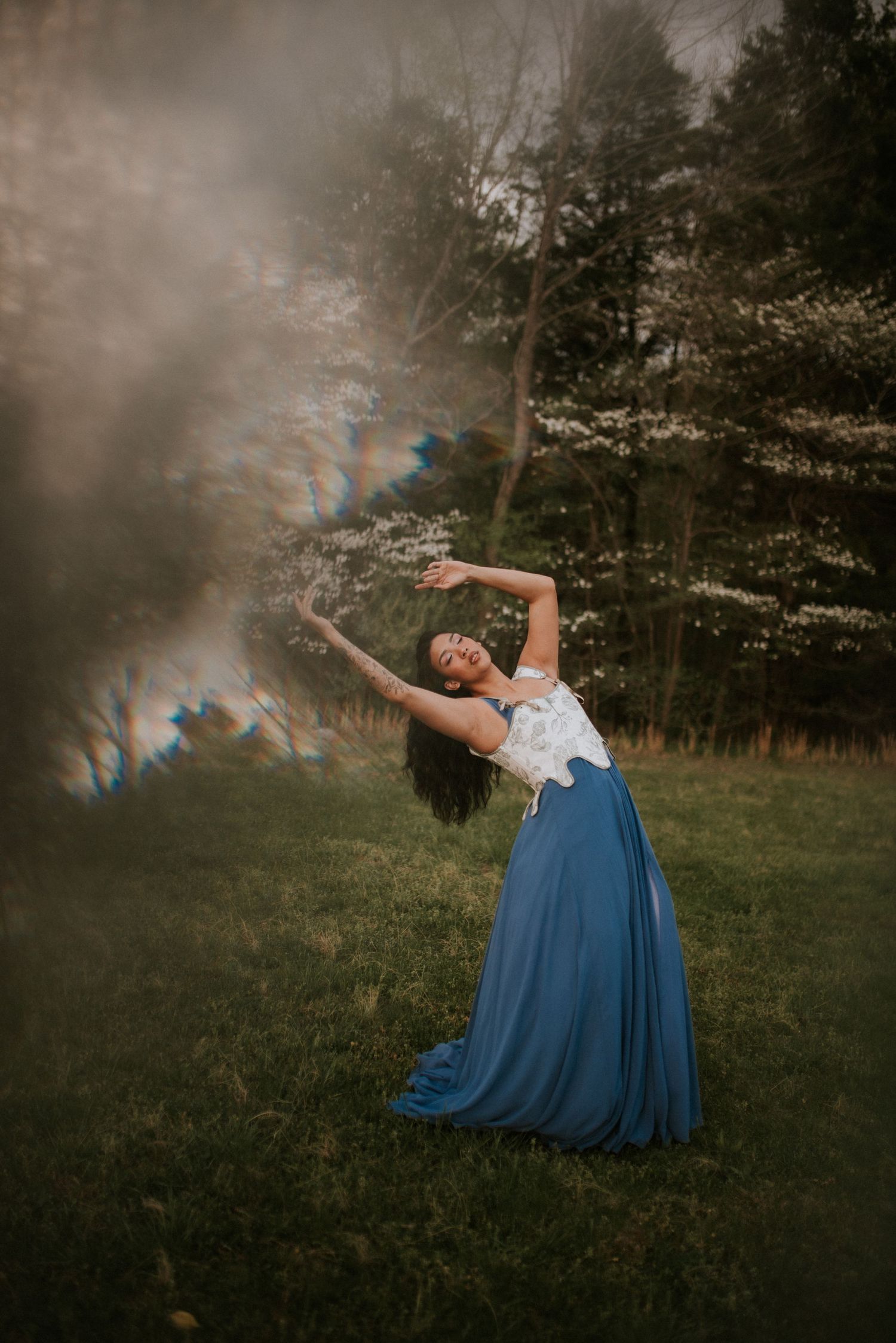 Birthday Portrait of woman, trees with flowers, golden hour, Blue dress, Clarksville, Nashville Tennessee.