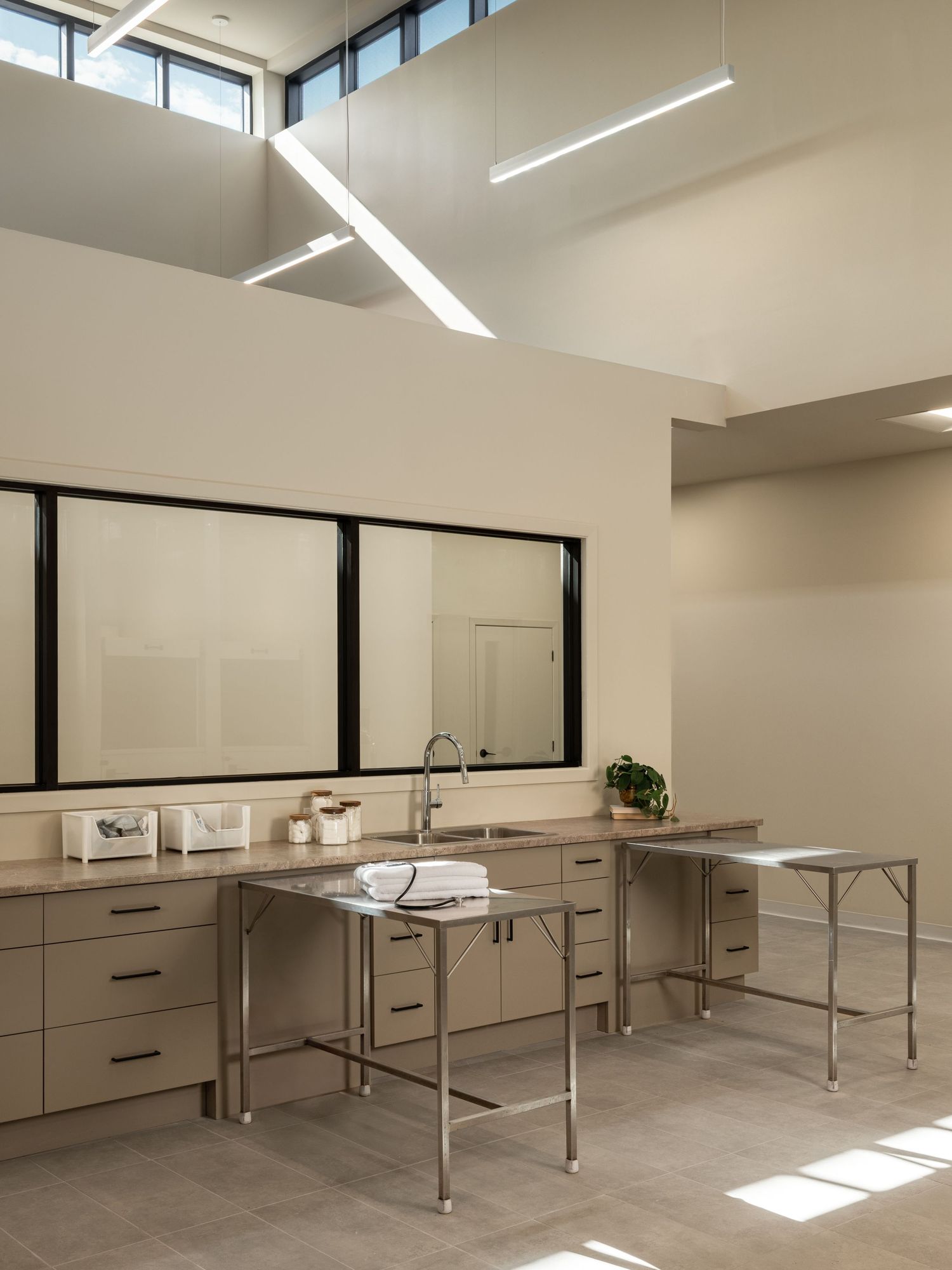 Modern veterinary grooming room with stainless steel tables, beige cabinetry, large mirrors, and sleek linear pendant lighting.