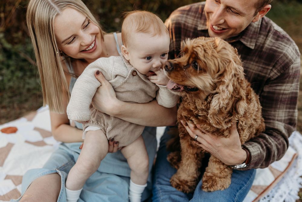 Young family with baby and fluffy brown dog sitting on blanket outdoors, smiling and enjoying time together.