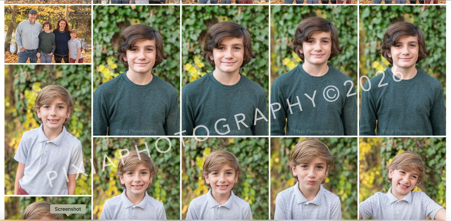 A collage of professional family and individual portraits of a boy in a green sweater and white polo, set against autumn foliage.